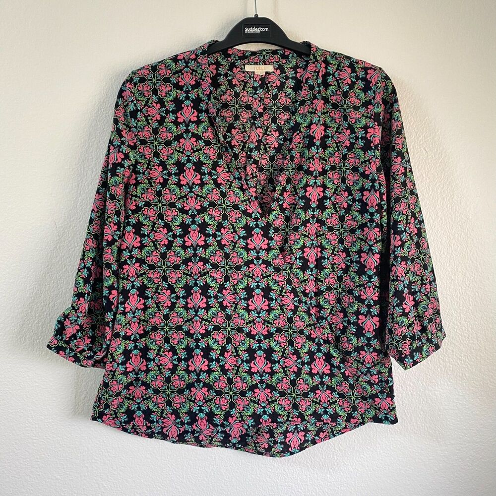 Tulle Womens Floral Top 3/4 Sleeve V Neck Black Rose Blouse Size L